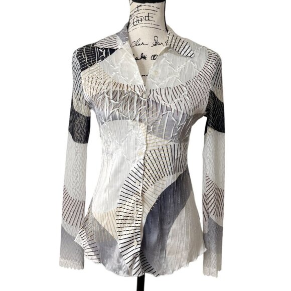 Komarov Long Sleeve Pleated Top Button-Up Gray White Lace-Up Back Womens Size S - Picture 1 of 8